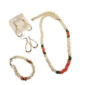 Vintage Hilo Hattie Hawaiian Pearl Coral Necklace Bracelet Earring Set 925 Silve